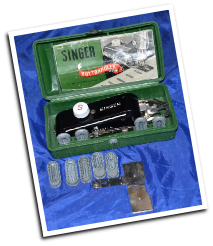 GREEN CASE BUTTONHOLER SINGER LOW SHANK ATTACHMENT W/MANUAL & CAMS