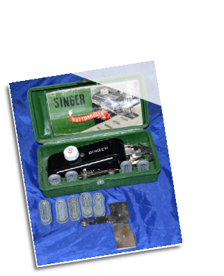 GREEN CASE BUTTONHOLER SINGER LOW SHANK ATTACHMENT W/MANUAL & CAMS GREEN CASE BUTTONHOLER SINGER LOW SHANK ATTACHMENT W/MANUAL & CAMS
